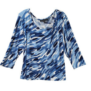 Briggs New York Brushstroke Print Blouse XL Blue White Black 3/4 Sleeve Stretch